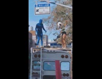 Blue bodysuit guy panda mask girl bus 