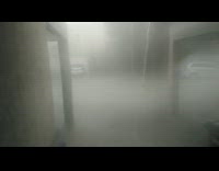 Strong storm with a green trash bin floats on the flood