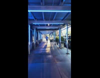 Guy walks under lit up sidewalk tunnel 
