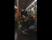 man hanging dressed train with turkey on platter 