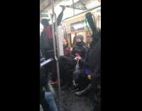 Collab Subway Creatures - Guy rips advertisement sign off subway train 