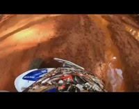 Guy rides blue white ATV fail dirt 