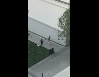 Woman grey suit hold umbrella black cardboard