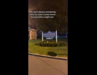 Woman in dress run towards the signage