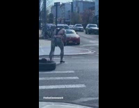 Guy pulls tire filled with weights quarantine 