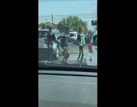 Man street traffic two dolls dance 