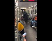 Angry man slam subway train door repeatedly