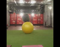 Guy tries to stand and balance on yellow medicine ball and falls off