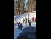 Two women red bikini snow mountain tourist