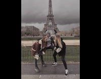 Eiffel Tower three girls fall back grass