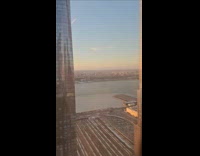 Pile of ice on Hudson river sunset