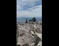 Girl does splits top of mountain husky 