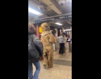 Person wears bear costume at train station