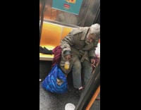 Old man smoking on subway train, drinks bottle of Snapple