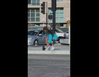 Woman blue furry arm sleeves dance street