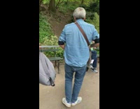 Raccoon scurries behind benches at the park, pedestrians stand up