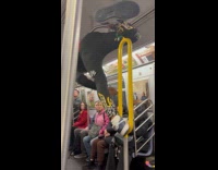 Guy on subway pole dance on handrail