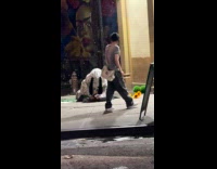 Person dog costume kneel and shake street