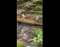 Woman poses and holds up line at bridge