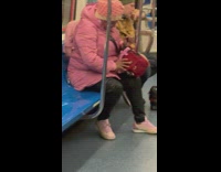 Woman pink jacket pigeon inside bag subway