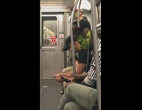 Train passenger has green elf makeup on 