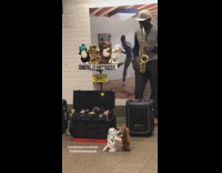 Guy plays saxophone instrument toy dolls dance 