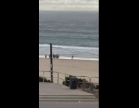 Film crew run behind cameraman beach woman