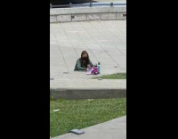 Girl pink blue shoes same colored bottles