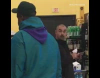 Guy rolls down the aisle in Heelys while holding two cases of beers