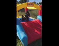 Little boy jumps off inflatable bounce house and scorpions down red slide