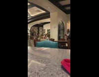 Girl blazer jacket wood table blue chair 