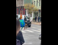 Woman in Earth costume roams around street
