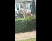 Woman passes by a house with a door gate