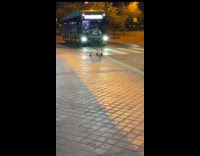 Man ride shopping cart almost hit by bus