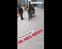 Man holds yellow boa constrictor for guy on wheelchair to pet, snake was on the metro