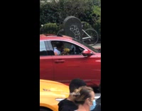 Man in Red Car Plays Maracas with Windows Down 