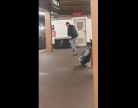old man plays golf in subway train