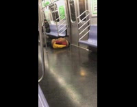 Brown jacket person sleeps subway train floor