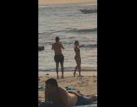 Girl bikini stand yoga pose beach sunset