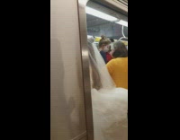Two women in wedding dresses board train