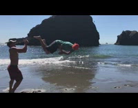 Guy throws friend into back flip and face plants into sand 