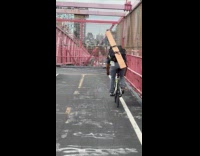 Collab WINY - Man carries plywood on bike at bridge