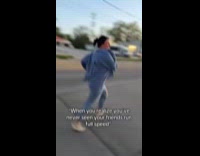 Friends runs full speed on sidewalk