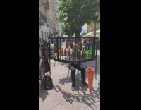 Man plays Can-Can with the use of glass bottles