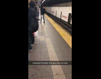 Guy pushes filing cabinet down subway station, sounds like train