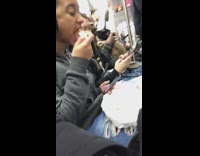 Collab Subway Creatures - Girl eats asada fries on subway train, girl next to her texts on her phone