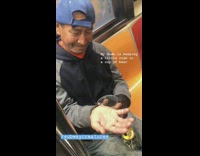Man blue hat keeps live crab in cup of beer on subway train