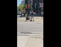 Guy exercises kettle bell brown dog crosswalk 
