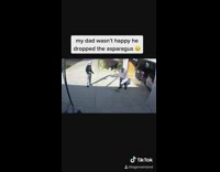 Dad drops tray of asparagus upset