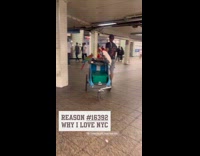 Guy pulls trailer with birds at station